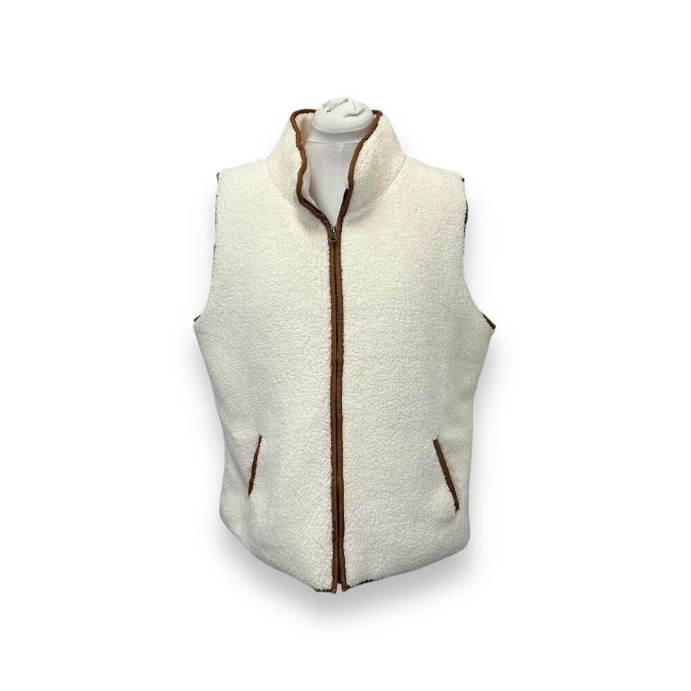 IB Diffusion Women’s Sherpa Fleece Vest With Brown Accents Zipper White XXL - Picture 1 of 8